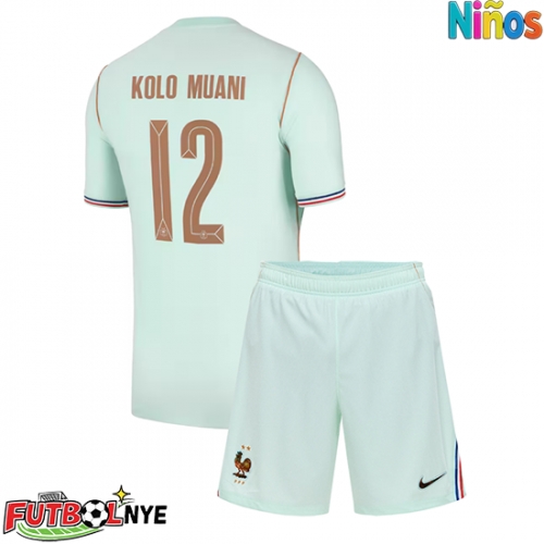 Camiseta Francia Randal Kolo Muani #12 Visitante Equipación para niños Mundial 2026 manga corta (+ pantalones cortos)
